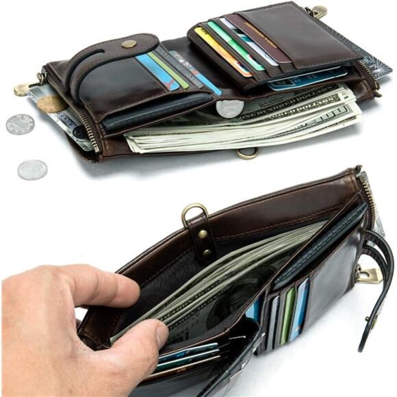 Genuine Leather Soft Bifold Rfid Wallets for Men Coin Purse Keychain Snap Zip - Picture 3 of 8